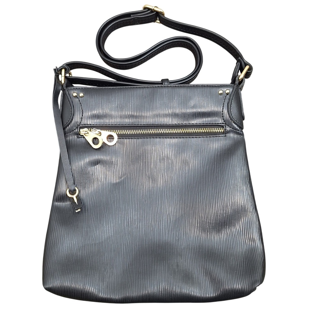 Black Ribbed Faux Leather Crossbody Bag Gold Tone Hardware Textured Messenger‎